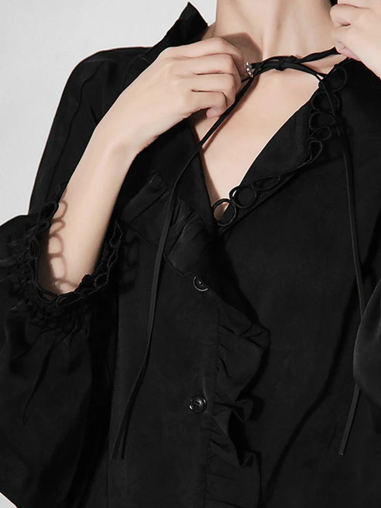 Loose Black Shirt For Women V Neck Long Sleeve Solid Minimalist Cut Out Bandage Blouses Female Spring Clothing