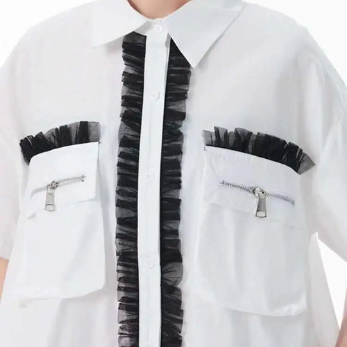 Load image into Gallery viewer, Women White Mesh Color-block Big Size Midi Shirt Dress New Lapel Short Sleeve Fashion Tide Spring Summer 2025 1DJ0003
