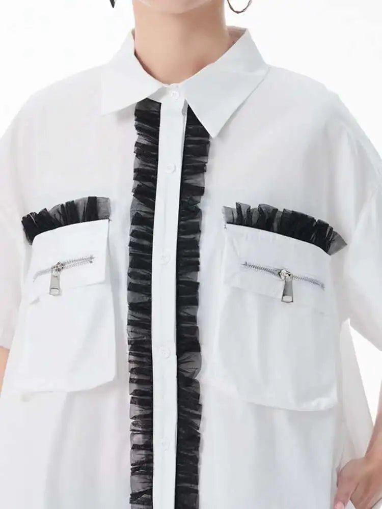 Women White Mesh Color-block Big Size Midi Shirt Dress New Lapel Short Sleeve Fashion Tide Spring Summer 2025 1DJ0003