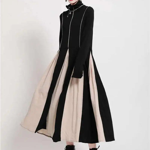 Load image into Gallery viewer, Women Black White Contrast Color Long Dress New Turtleneck Long Sleeve Loose Fit Fashion Tide Autumn Winter 2025  1DD2153
