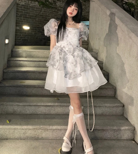 A-line Organza Dresses Female Square Collar Puff Sleeve Robe Femme Slim Waist Sweet Mini Dress Summer Korean Vestido