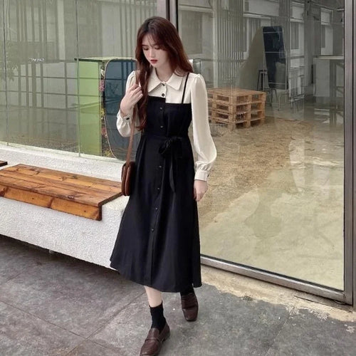 Load image into Gallery viewer, Soft Polo Shirt Dress Women Autumn Vintage Preppy Style Korean Long Sleeve Midi Belt Dress School Student Clothes
