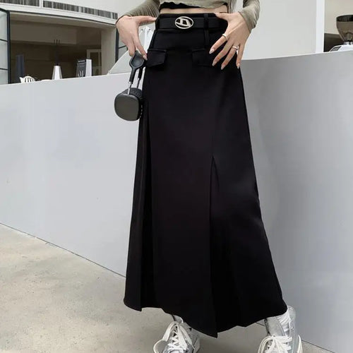 Load image into Gallery viewer, Korean Vintage Brown High Waist Slim Suit Pleated Skirts Women 2023 Spring Autumn Black With Belt A Line Party Long Skirt Casual
