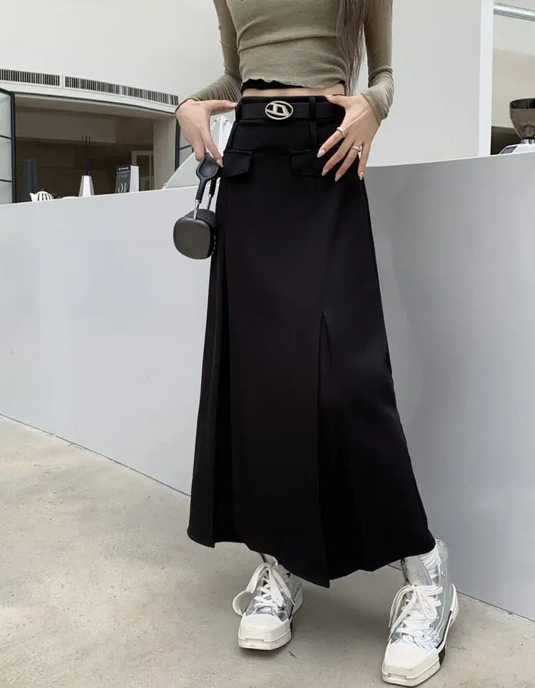 Korean Vintage Brown High Waist Slim Suit Pleated Skirts Women 2023 Spring Autumn Black With Belt A Line Party Long Skirt Casual