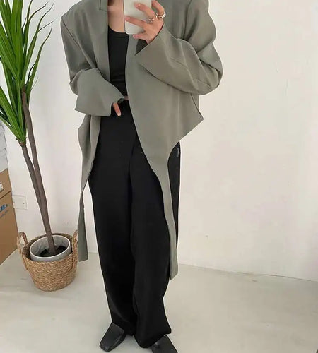 Women Gray Green Ribbon Short Big Size Blazer New Lapel Long Sleeve Loose Jacket Fashion Tide Spring Autumn 2025 1DF0385