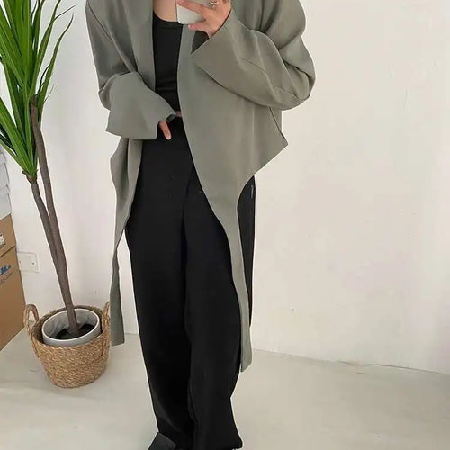 Load image into Gallery viewer, Women Gray Green Ribbon Short Big Size Blazer New Lapel Long Sleeve Loose Jacket Fashion Tide Spring Autumn 2025 1DF0385
