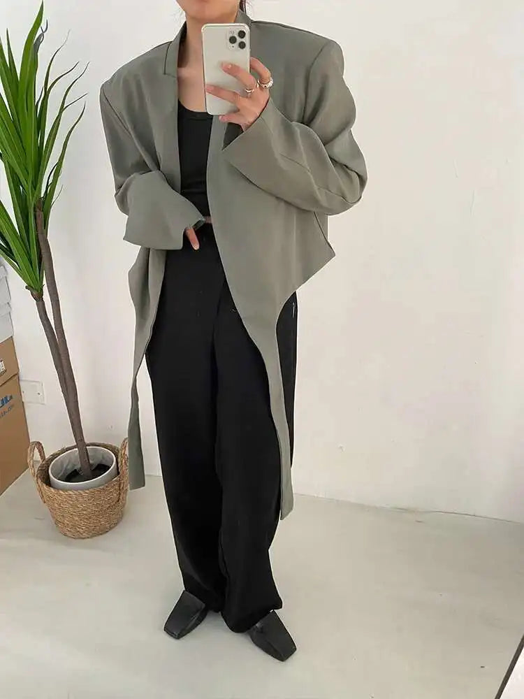 Women Gray Green Ribbon Short Big Size Blazer New Lapel Long Sleeve Loose Jacket Fashion Tide Spring Autumn 2025 1DF0385