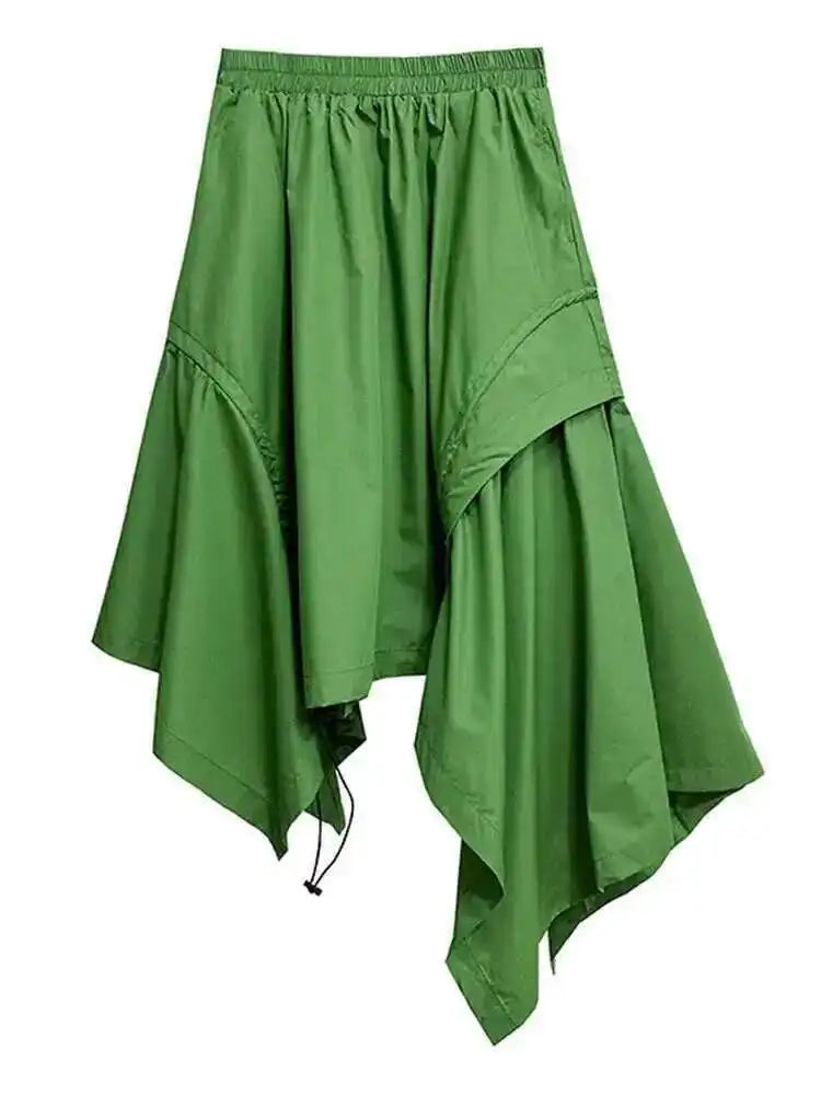 High Elastic Waist Green Irregular Hem Drawstring Half-body Skirt Women Fashion Tide New Spring Autumn 2025 1DH6545