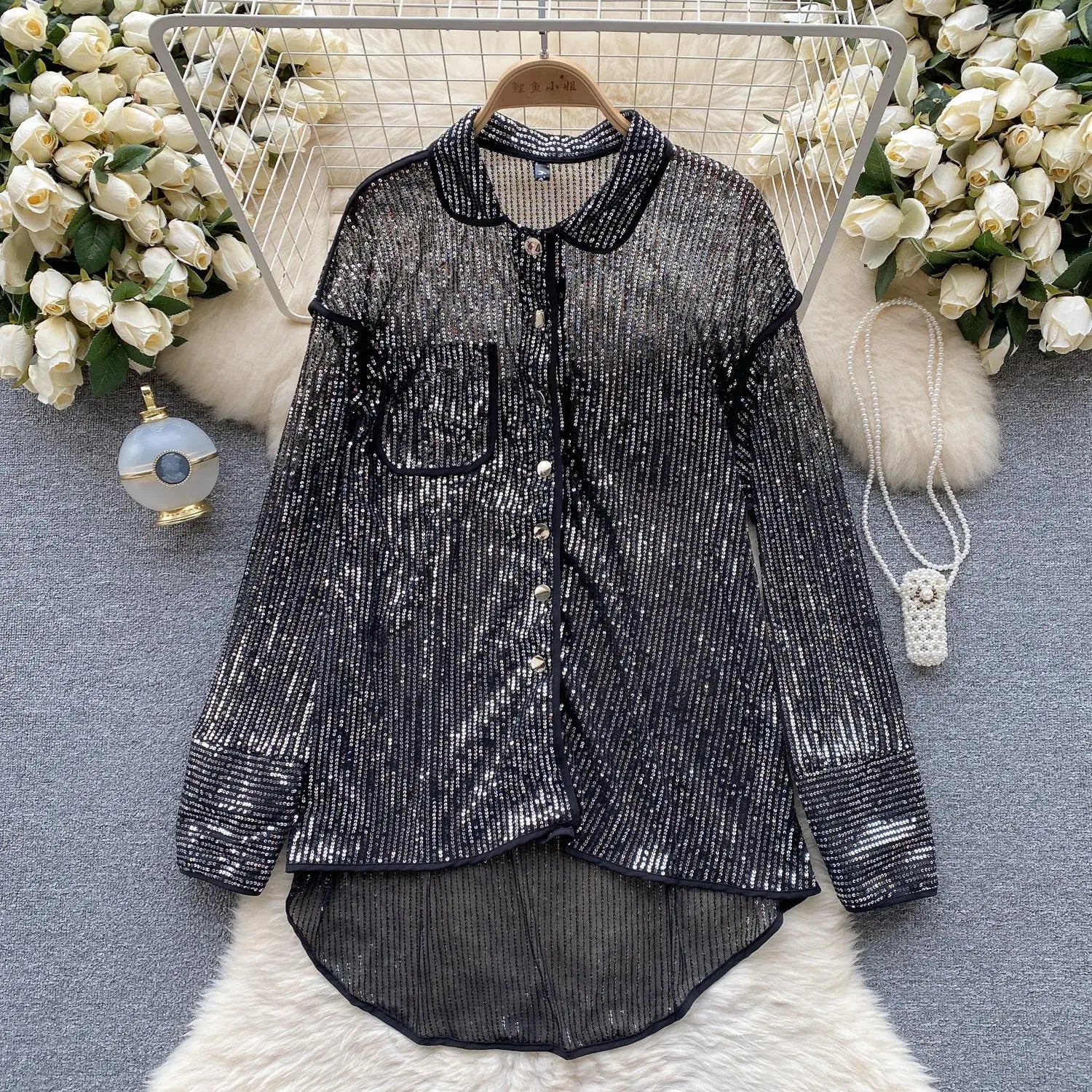 Autumn Solid Lantern Long Sleeve Sequin Shirt Women Fashion Clothing Vintage Loose Versatile Single Breasted Medium Length Tops