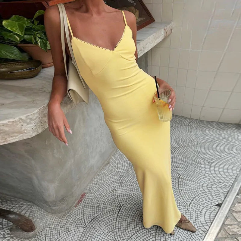 Spaghetti Strap Backless Sexy Maxi Dress For Women Gown Summer New Yellow Sleeveless Bodycon Long Dress Vestido
