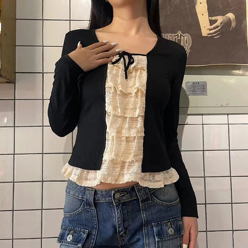 Load image into Gallery viewer, Y2K Vintage Lace Patchwork Women T-shirts Slim Korean Style Ruffles Tie Up Cute Tee Cottagecore Autumn Tops Contrast
