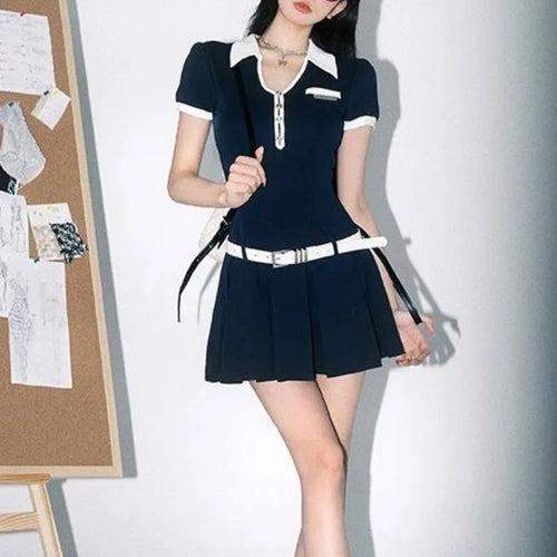 Load image into Gallery viewer, Deeptown American Retro Polo Mini Dress Preppy Style School Student Bodycon Short Sleeve Dresses Korean Fashion
