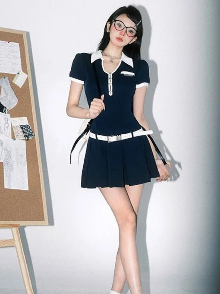 Deeptown American Retro Polo Mini Dress Preppy Style School Student Bodycon Short Sleeve Dresses Korean Fashion