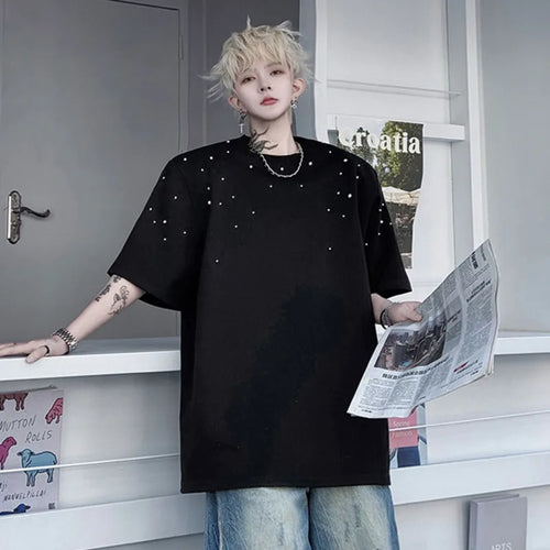 Load image into Gallery viewer, Men's Short Sleeve T-shirts Summer Solid Color Round Neck Handmade Nail Bead Design Pullover Loose Menwear 9W1506
