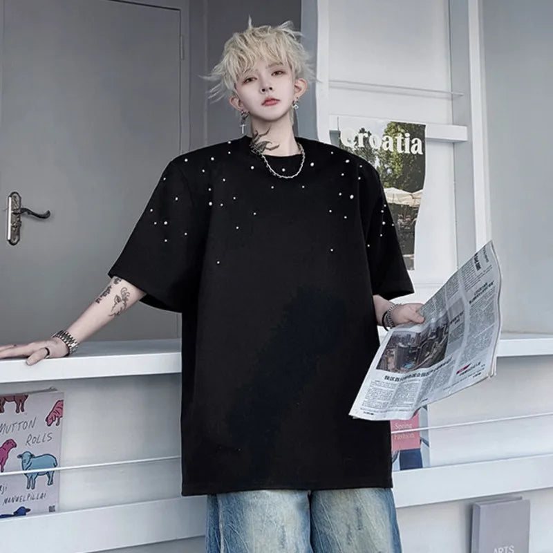 Men's Short Sleeve T-shirts Summer Solid Color Round Neck Handmade Nail Bead Design Pullover Loose Menwear 9W1506