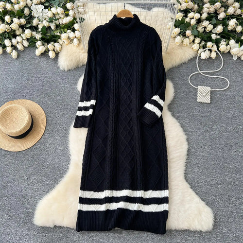 Load image into Gallery viewer, Autumn Winter Patchwork Elegant High Neck Knit Dress Women Korean Fashion Long Sleeves Slim 2024 New Loose Sweater Dresses Trend

