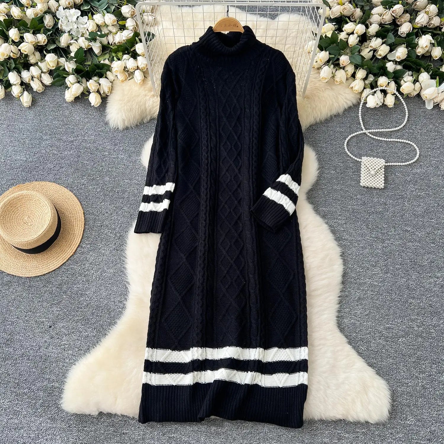 Autumn Winter Patchwork Elegant High Neck Knit Dress Women Korean Fashion Long Sleeves Slim 2024 New Loose Sweater Dresses Trend