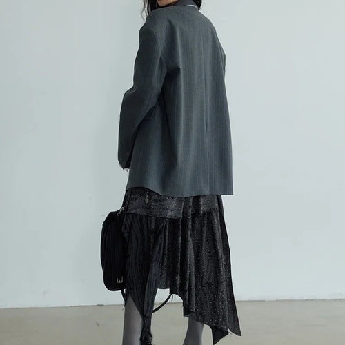 Load image into Gallery viewer, Women Gray Striped Shaped Big Size Elegant Blazer New Lapel Long Sleeve Jacket Fashion Tide Spring Autumn 2025 1DH7077
