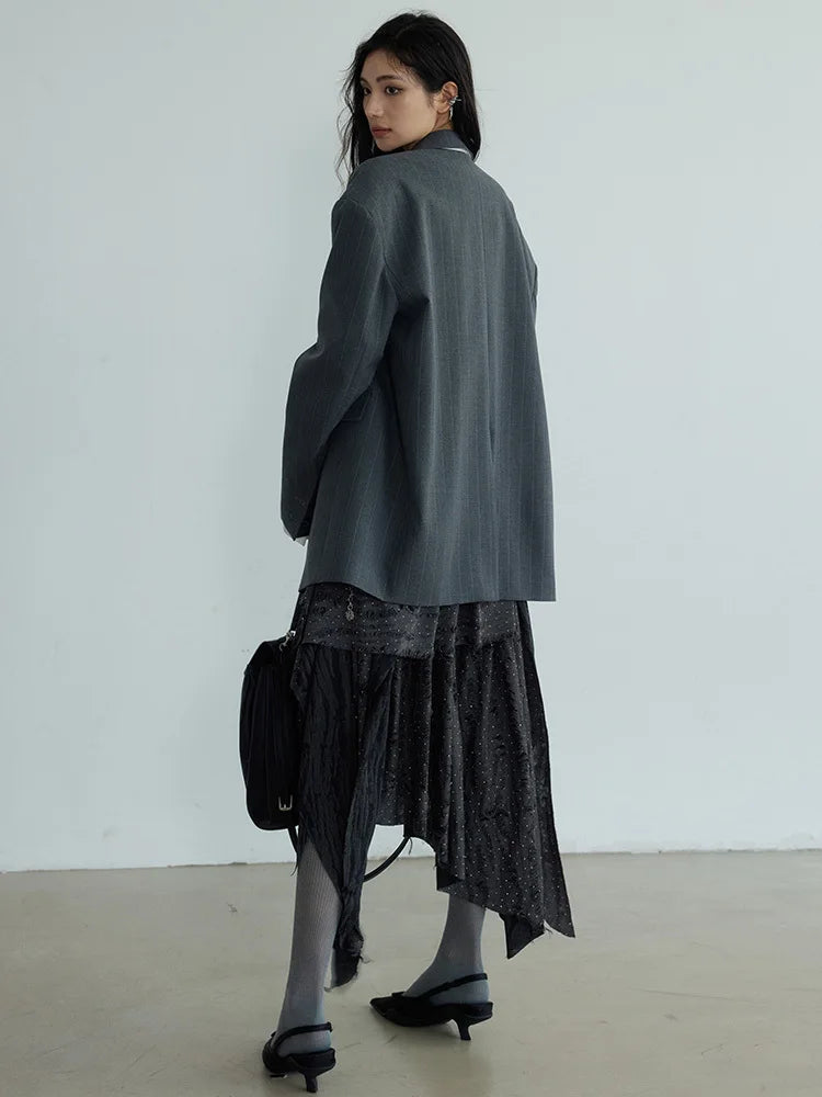 Women Gray Striped Shaped Big Size Elegant Blazer New Lapel Long Sleeve Jacket Fashion Tide Spring Autumn 2025 1DH7077