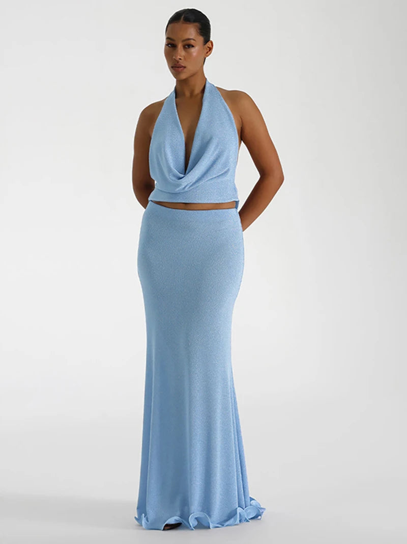 Halter Deep V Neck Backless Sexy Maxi Dress For Women Fashion Sleeveless High Waist Slim-fit Beach Club Party Dress