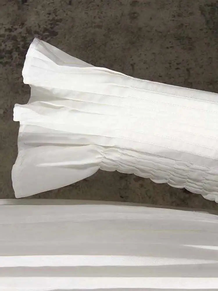 Women White Pleated Elegant Big Size Midi Shirt Dress New V-Neck Long Flare Sleeve Fashion Tide Spring Autumn 2025 1W3260