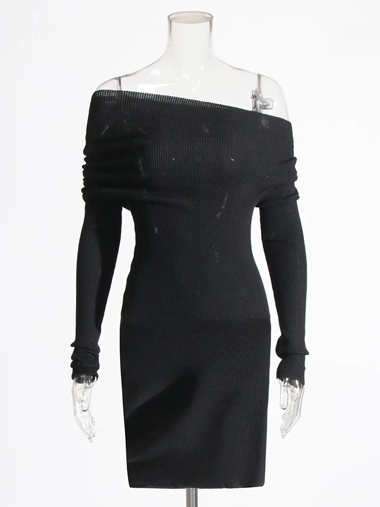 Solid Slimming Asymmetrical Knitting Dresses For Women Diagonal Collar Long Sleeve High Waist Casual Fashion Dress Female