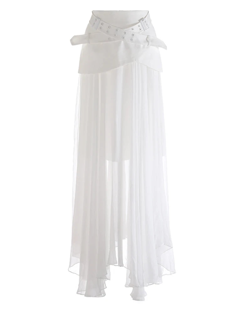 High Waist Black Buckle Cross Mesh Spliced A-line Half-body Skirt Women Fashion Tide New Spring Autumn 2025 1DJ1261