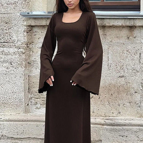 Load image into Gallery viewer, Ribbed Lace-up Long Sleeve Maxi Dress For Women 2023 Autumn Winter New Fashion Solid Bodycon Long Dress Elegant
