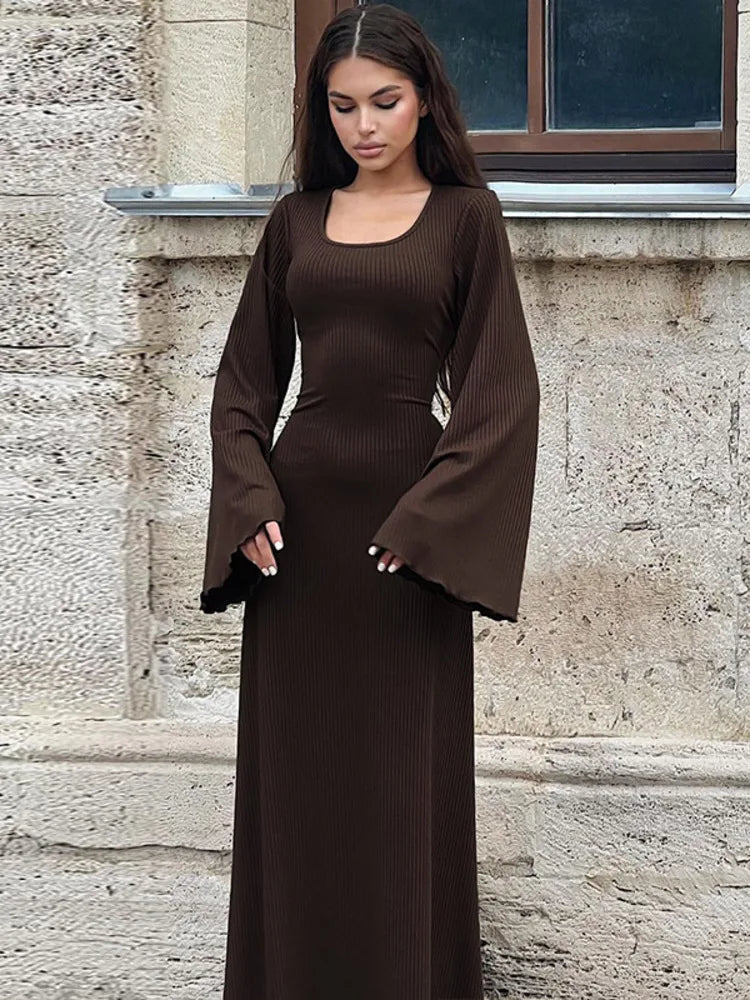 Ribbed Lace-up Long Sleeve Maxi Dress For Women 2023 Autumn Winter New Fashion Solid Bodycon Long Dress Elegant