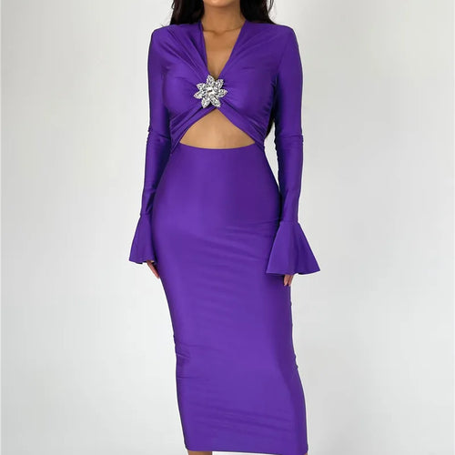 Load image into Gallery viewer, Elegant Hollow Out Sexy Maxi Dress For Women Spring New V Neck Long Flare Sleeve Bodycon Club Party Evening Dress
