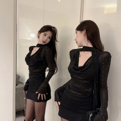 Load image into Gallery viewer, See Through Fashion V Neck Long Sleeve Tees Y2k Aesthetic Elegant Chic Women T-shirts Korean Slim Streetwear All Match Tshirts
