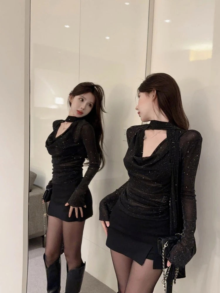 See Through Fashion V Neck Long Sleeve Tees Y2k Aesthetic Elegant Chic Women T-shirts Korean Slim Streetwear All Match Tshirts