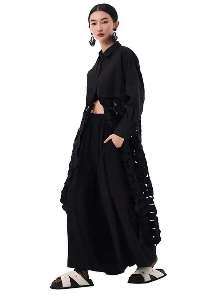 Women White Dot Tassels Hollow Out Midi Big Size Shirt Dress New Lapel Long Sleeve Fashion Tide Spring Autumn 2025 1DH9464