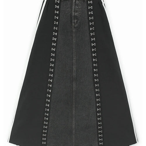 Load image into Gallery viewer, High Elastic Waist Blue Denim Color-block Rivet Long A-line Half-body Skirt Women Fashion New Spring Autumn 2025 1DH8211
