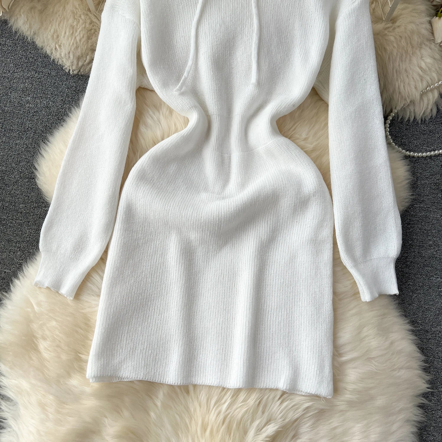 Autumn New White Slim Elegant Long Sleeve Hooded Mini Dress Women Black Elegant Slim Gray Knit Hip Wrap Dresses Popular Fashion