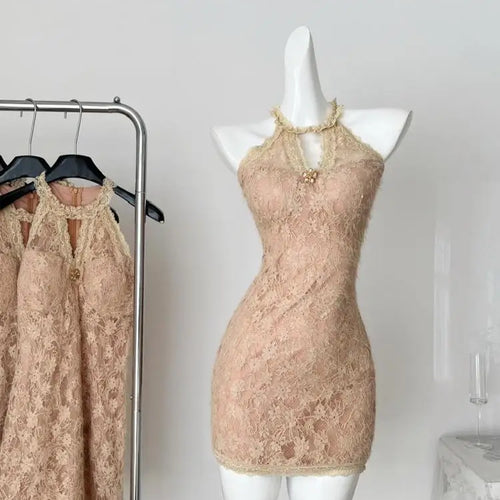 Load image into Gallery viewer, French Vintage Brown Lace Elegant Sexy Club Sleeveless Short Dresses Women Summer Off Shoulder Hollow Out Zipper Mini Dress Chic
