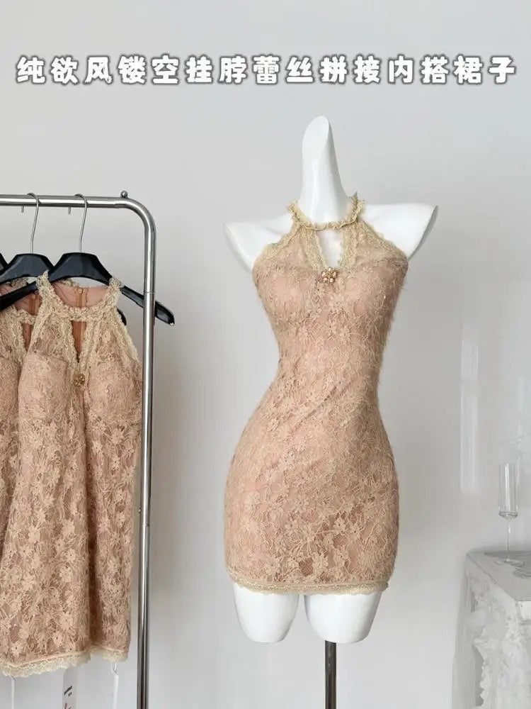 French Vintage Brown Lace Elegant Sexy Club Sleeveless Short Dresses Women Summer Off Shoulder Hollow Out Zipper Mini Dress Chic