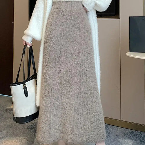 Load image into Gallery viewer, Autumn Winter 2024 New Black White Elegant Mink Long Skirt French Women Brown Elastic High Waist Vacation Party Knit Skirt Trend
