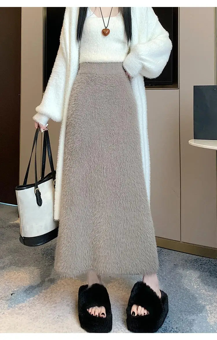 Autumn Winter 2024 New Black White Elegant Mink Long Skirt French Women Brown Elastic High Waist Vacation Party Knit Skirt Trend