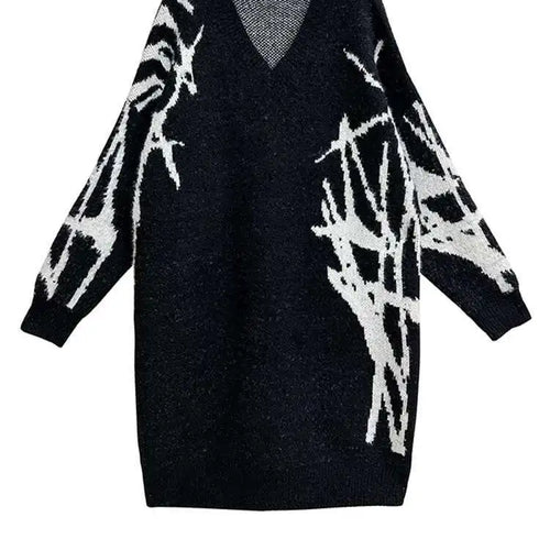Load image into Gallery viewer, Women Black Pattern Thick Warm Big Size Sweater Dress New V-Neck Long Sleeve Fashion Tide Spring Autumn 2025 1DH8735
