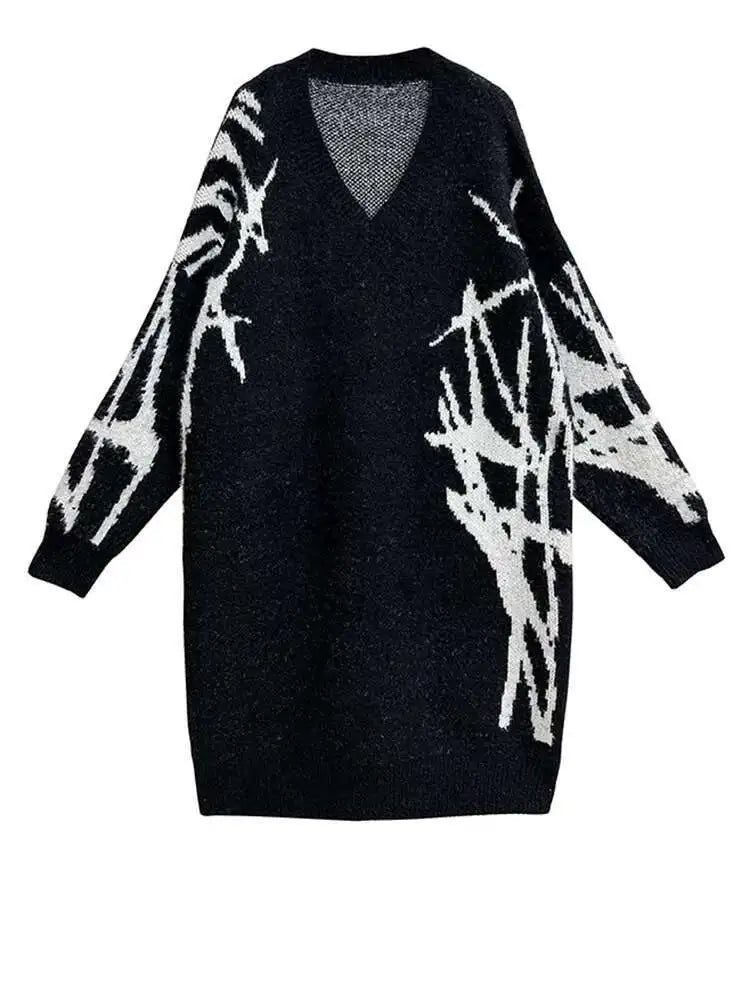 Women Black Pattern Thick Warm Big Size Sweater Dress New V-Neck Long Sleeve Fashion Tide Spring Autumn 2025 1DH8735