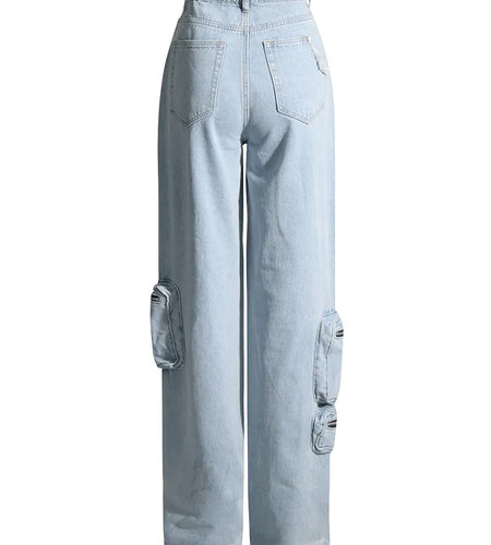 Fashion Streetwear Blue Wide Leg Pants For Women High Waist Patchwork Pockets Solid Trousers Female Autumn Clothing