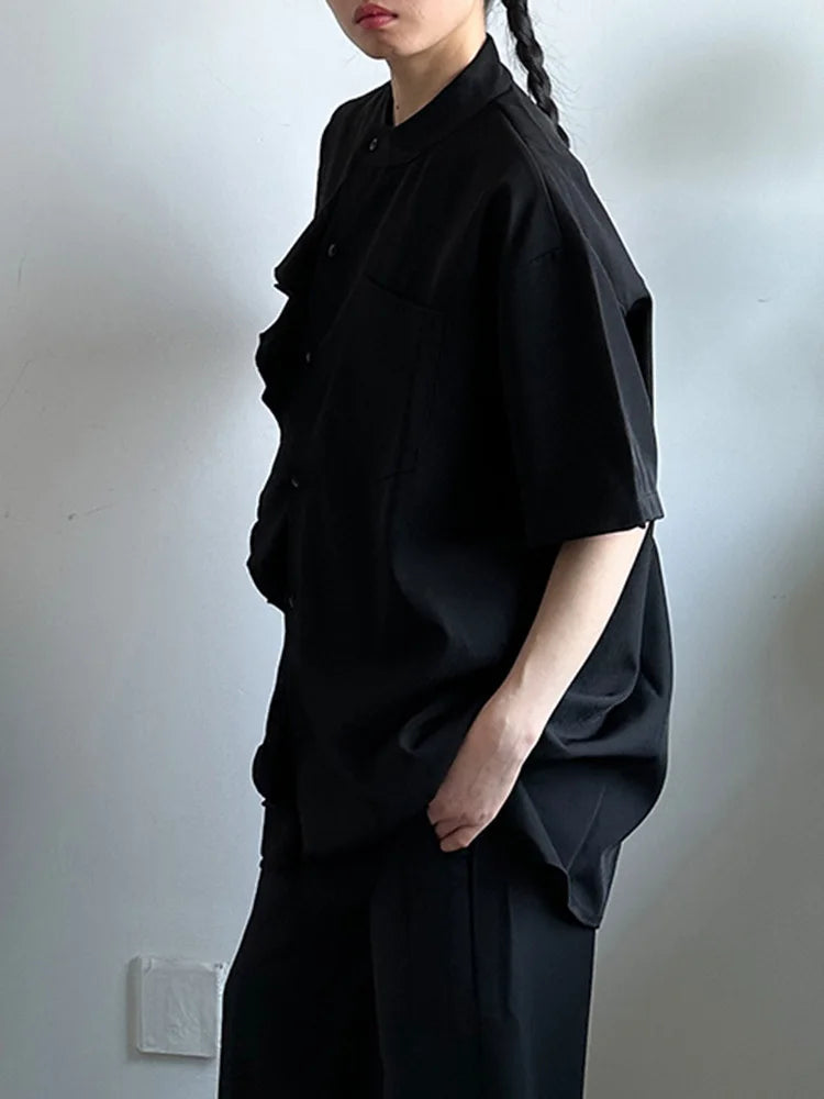 Women White Ruffles Pocket Big Size Blouse New Stand Collar Short Sleeve Shirt Fashion Tide Spring Summer 2025 1DJ0975