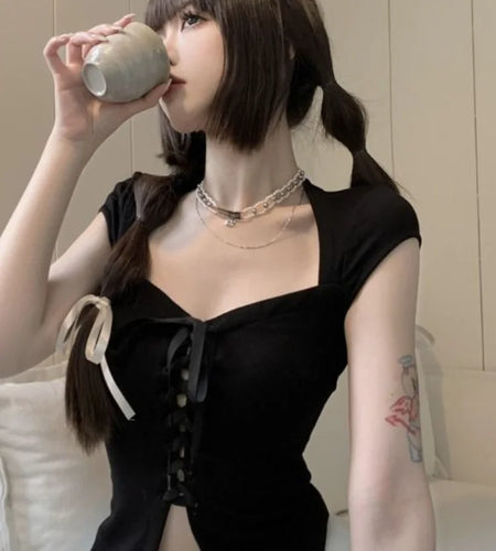 Bandage Short Sleeve Slim T-shirts Y2k Aesthetic Basic Sexy Split Cropped Top Women Fashion Streetwear Fairy Solid Harajuku Tees