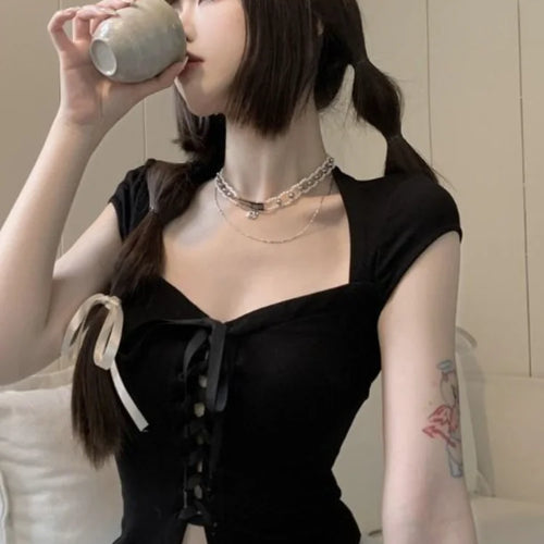 Load image into Gallery viewer, Bandage Short Sleeve Slim T-shirts Y2k Aesthetic Basic Sexy Split Cropped Top Women Fashion Streetwear Fairy Solid Harajuku Tees
