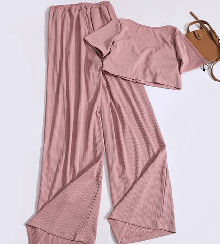 Solid Two Piece Set Women Summer Casual Square Neck Zippered Short Sleeve Tops And Elastic High Waist Wide Legs Long Pants Suit