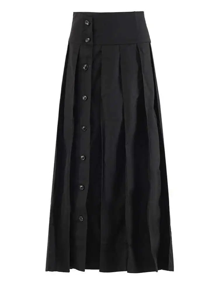 High Waist Black Pleated Botton Shaped Elegant Midi Half-body Skirt Women Fashion Tide New Spring Autumn 2025 CPG1936