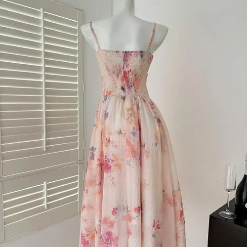 Load image into Gallery viewer, Summer French Blue Pink Flower Slim Backless Slip Long Dress Women Vintage Elegant Sexy Sleeveless High Waist Party Dress Ladies
