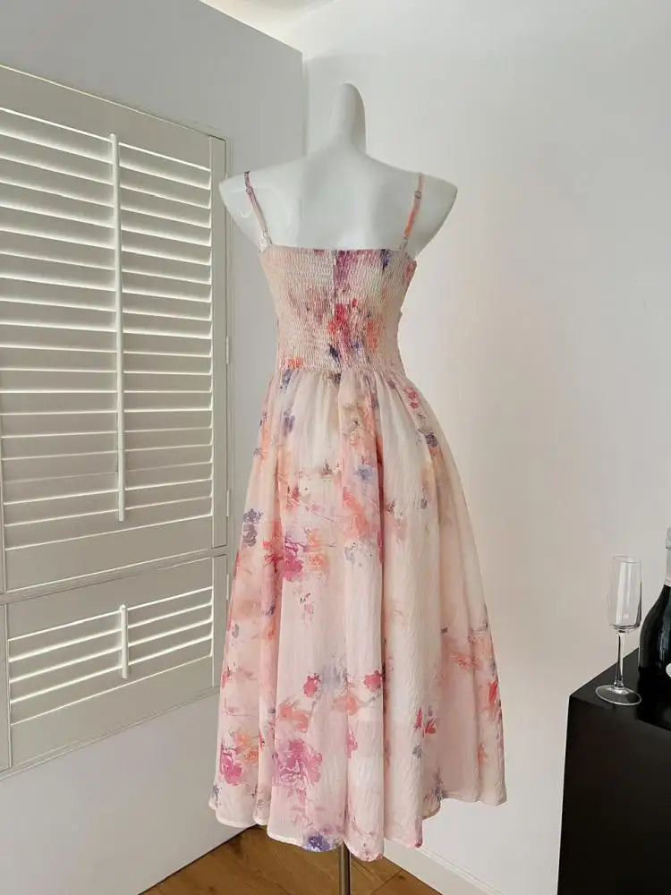 Summer French Blue Pink Flower Slim Backless Slip Long Dress Women Vintage Elegant Sexy Sleeveless High Waist Party Dress Ladies