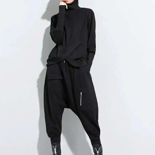 Load image into Gallery viewer, Women Black Irregular Split Joint Big Size T-shirt New Turtleneck Long Sleeve  Fashion Tide Spring Autumn 2025 1DC670
